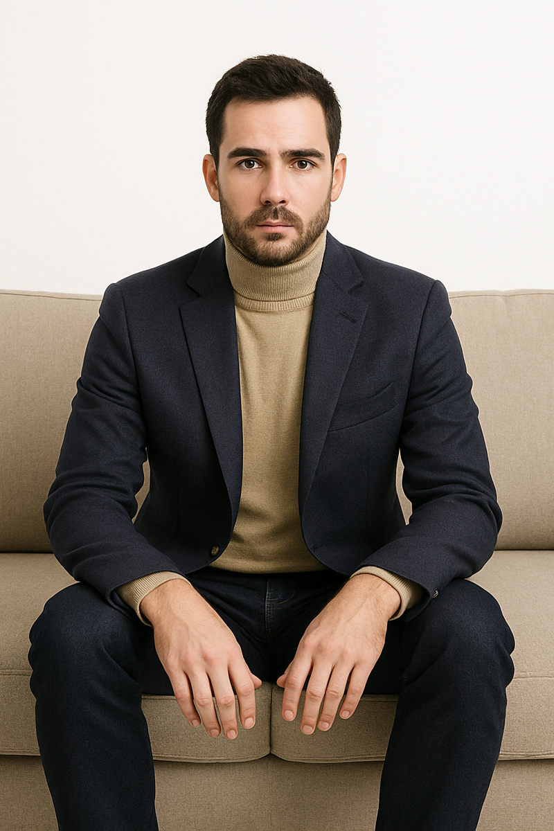 Men's navy cashmere jacket. Two-button closure, notch lapel, structured shoulders, and chest pocket. Smooth, deep navy fabric.
