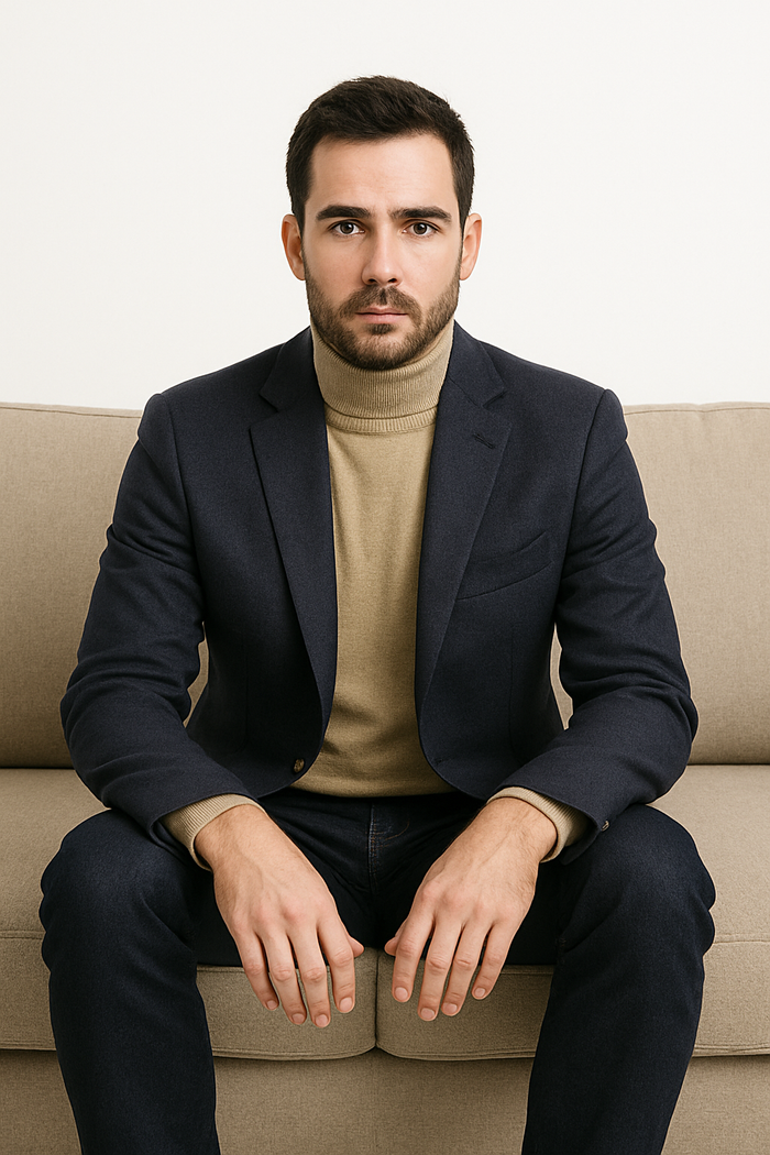 Men's navy cashmere jacket. Two-button closure, notch lapel, structured shoulders, and chest pocket. Smooth, deep navy fabric.
