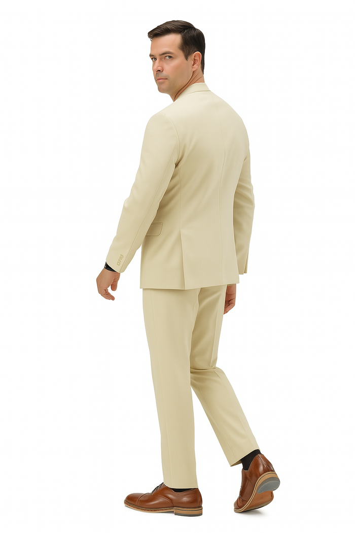 Men's light beige linen suit. Relaxed hybrid fit, no collar. Tailored trousers, fitted jacket with button closure and single back vent. Textured linen fabric, flat-front pants, side pockets.
