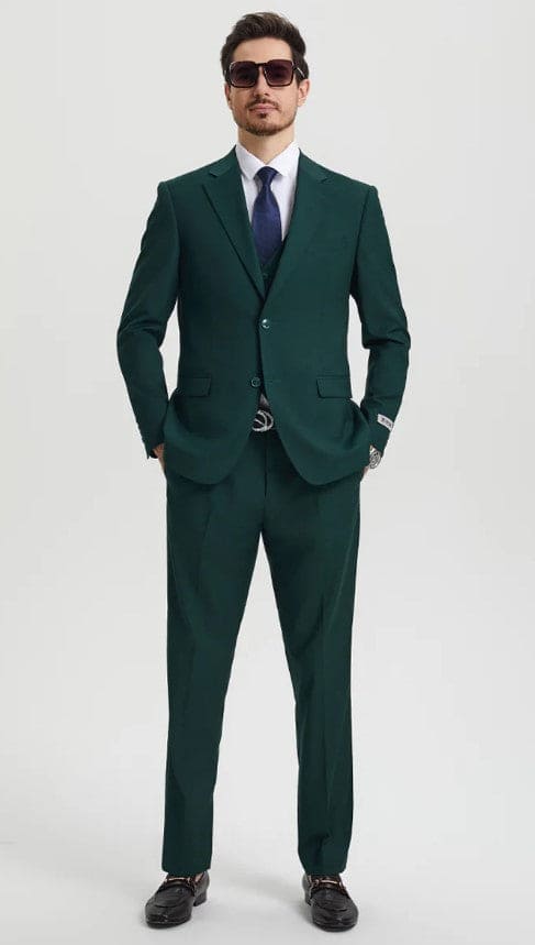 Men's Two Button Vested Notch Lapel Basic Designer Suit in Hunter Green