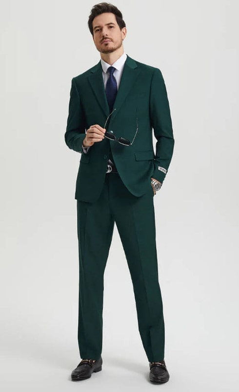 Men's Two Button Vested Notch Lapel Basic Designer Suit in Hunter Green