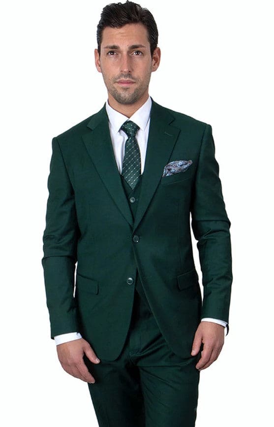 Men's Two Button Vested Notch Lapel Matching Vest and Basic Suit in Hunter Green