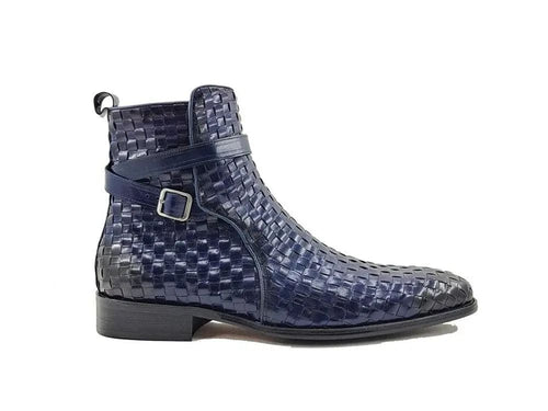 Basket Weave Leather Buckle Ankle Boots for Men