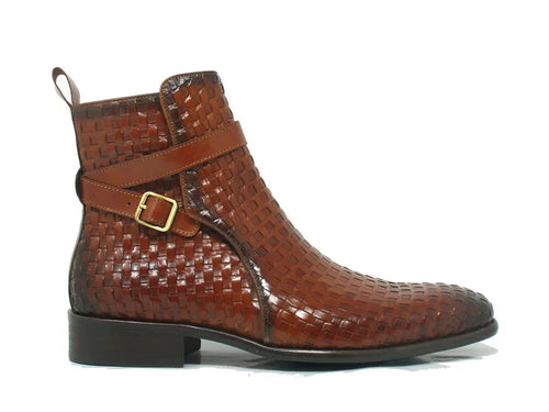 Basket Weave Leather Buckle Ankle Boots for Men