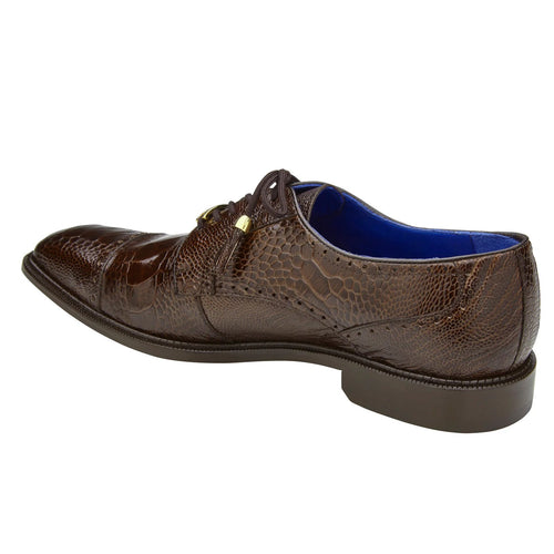 Brown Belvedere Batta cap toe dress shoe. Textured ostrich leather with a unique pattern and elongated toe. Features a smooth cap toe, dark sole, and blue interior lining.
