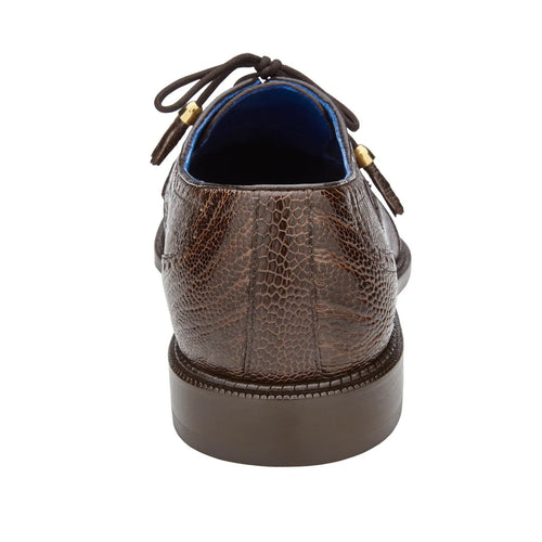 Belvedere Batta men's brown ostrich cap-toe dress shoe. Textured exterior, round toe, brown laces, low rubber sole. Blue interior lining for contrast. Sleek profile.
