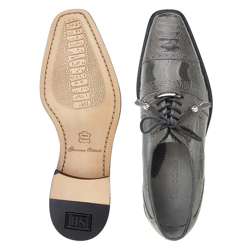 Men's Belvedere Batta grey ostrich dress shoe. Pointed toe, textured leather, lace-up closure, perforated sides. Leather & rubber sole. Lined interior for fit and comfort.
