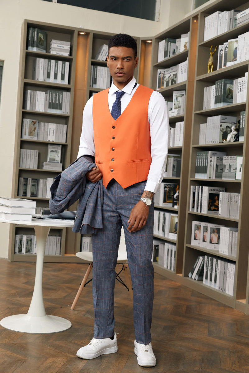"Mens Stacy Adams Suit -Stacy Adams Men's Navy Blue & Orange Plaid Suit - One Button Vested Peak Lapel"