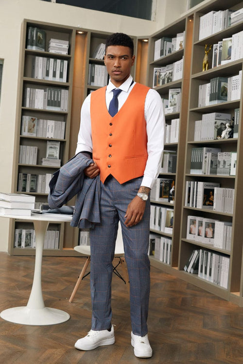 "Mens Stacy Adams Suit -Stacy Adams Men's Navy Blue & Orange Plaid Suit - One Button Vested Peak Lapel"