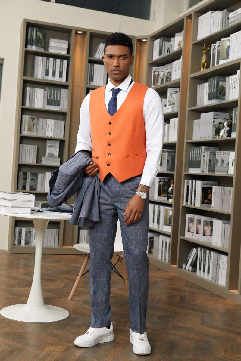 "Mens Stacy Adams Suit -Stacy Adams Men's Navy Blue & Orange Plaid Suit - One Button Vested Peak Lapel"