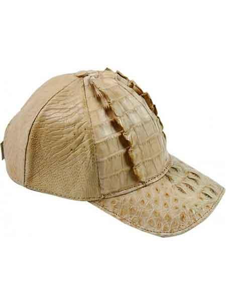 Genuine beige baseball cap. Structured crown, rounded bill. Textured, reptilian-like leather (crocodile/alligator). Combination of smooth and patterned materials. Neat stitching, raised scales enhance the unique aesthetic.
