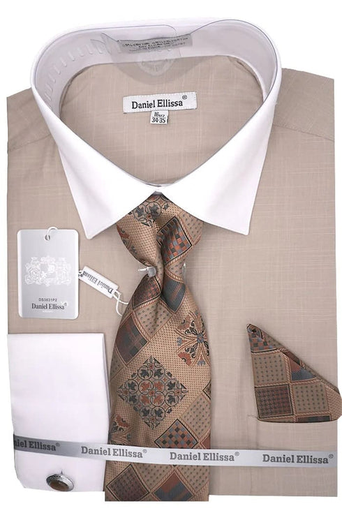 Beige Dress Shirt Set with Tie and Handkerchief