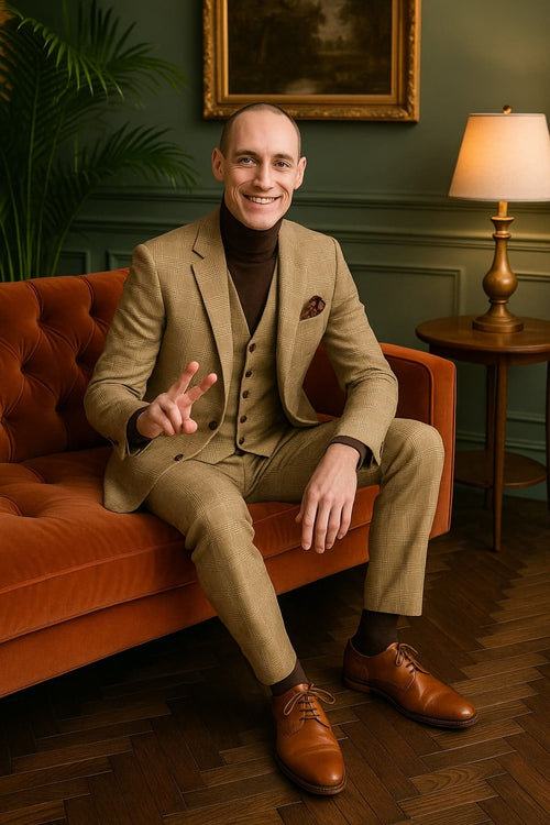 Men's beige plaid 3-piece suit: fitted blazer with notched lapels, matching vest, and tapered trousers. Light beige with subtle plaid pattern. Classic and stylish.