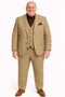 Men's beige plaid 3-piece suit. Structured jacket with notched lapel, buttoned vest, and straight-leg trousers. Tailored fit with decorative pockets. Plaid pattern in beige tones.