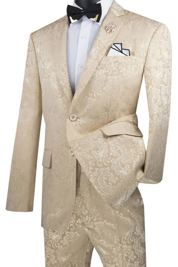 Men's Slim Fit Shiny Paisley Prom & Wedding Beige Suit