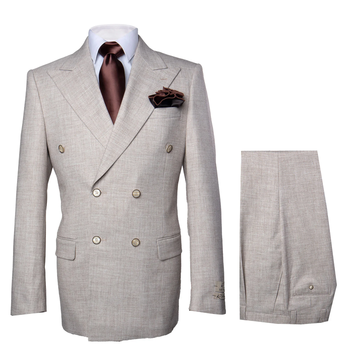 Light brown wool suit: double-breasted jacket with front & breast pockets, classic fit. Wide-leg pleated pants, baggy & loose fit. Clean hem.
