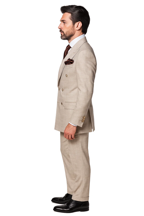 Light brown, 100% wool suit with classic fit. Double-breasted jacket and wide-leg, baggy, pleated pants.