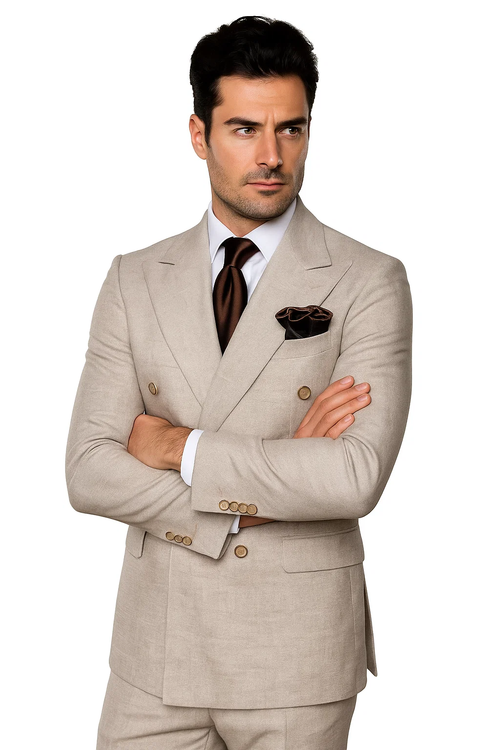 Light brown, 100% wool suit. Double-breasted jacket with gold buttons, handkerchief pocket, and classic fit. Wide-leg, pleated pants. Textured fabric. Formal and stylish.