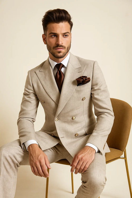 Light brown, 100% wool suit. Double-breasted jacket with gold buttons, baggy pleated wide-leg pants. Classic tailored fit, white shirt, dark brown tie with matching pocket square. Relaxed silhouette.