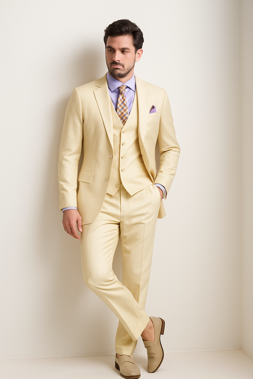 Slim Fit 3 Piece Satin Suit in Champagne Beige
