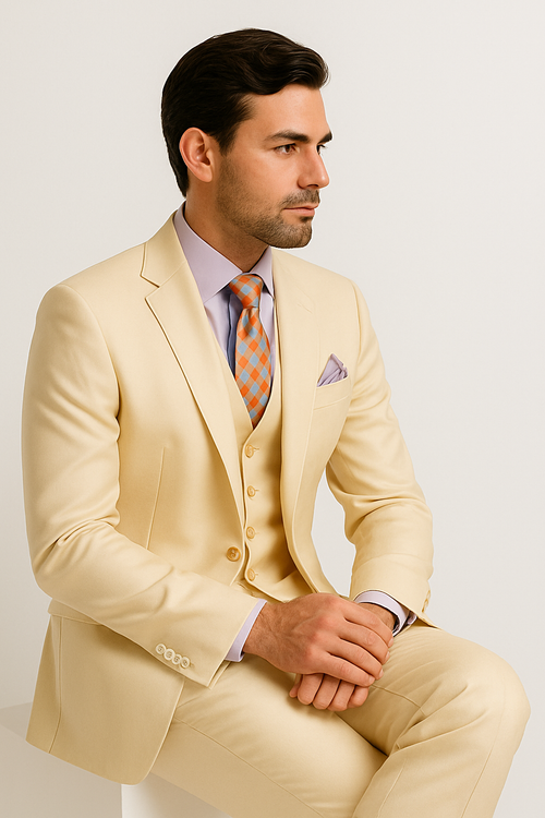 Slim Fit 3 Piece Satin Suit in Champagne Beige