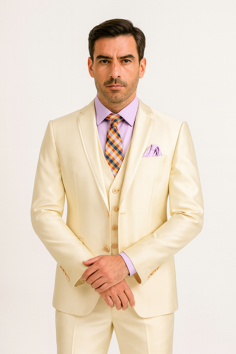 Slim Fit 3 Piece Satin Suit in Champagne Beige