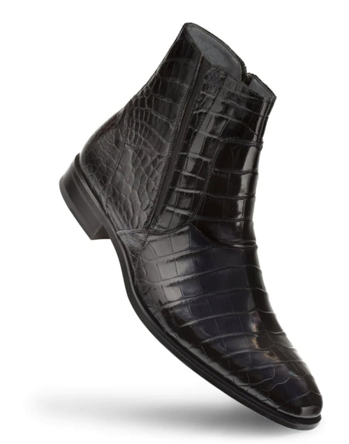 Belucci Black Zipper Boot: Glossy black genuine alligator leather with a pointed toe and fitted silhouette. Side zipper for easy wear, distinctive scale pattern, and low stacked heel.
