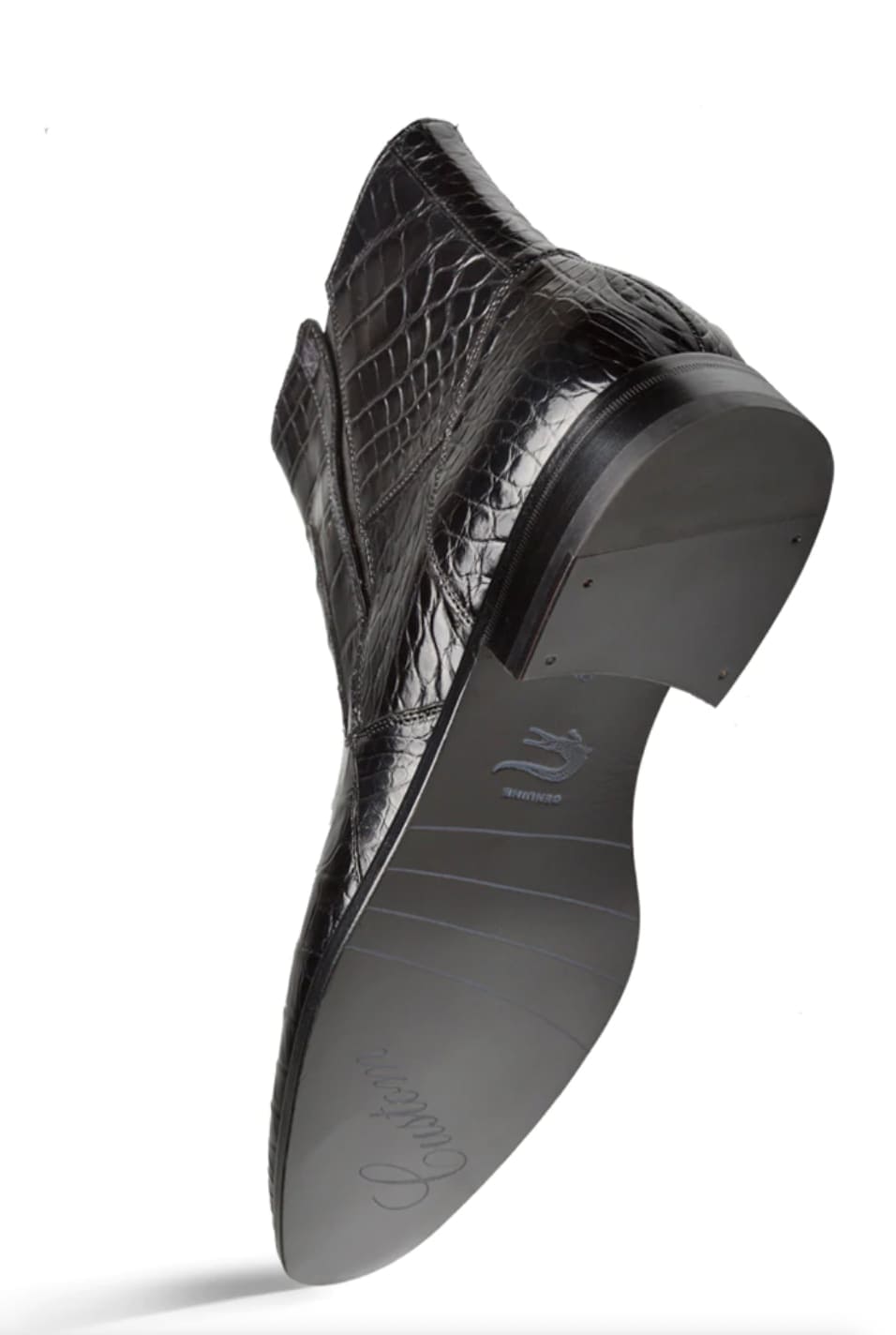 Mezlan's Belucci Black boot: ankle-height, black genuine alligator leather. Glossy finish, reptile pattern. Side zipper. Thin heel with subtle curve. Black interior sole. Modern design.
