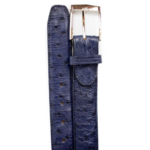 Men's Belvedere blue ostrich quill dress belt. Slender, elongated shape with adjustment holes. Textured, deep blue ostrich leather. Rectangular polished metal buckle.
