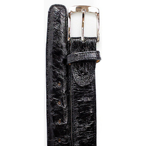 Blue men's Belvedere ostrich quill dress belt. Smooth, textured, shiny surface. Silver rectangular buckle. Adjustable with holes.
