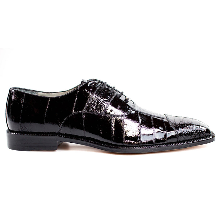 Men's Belvedere Mare dress shoe: black eel and ostrich leather. Cap toe, lace-up closure. Distinct patterns. Black sole with heel. Sleek silhouette, polished finish.
