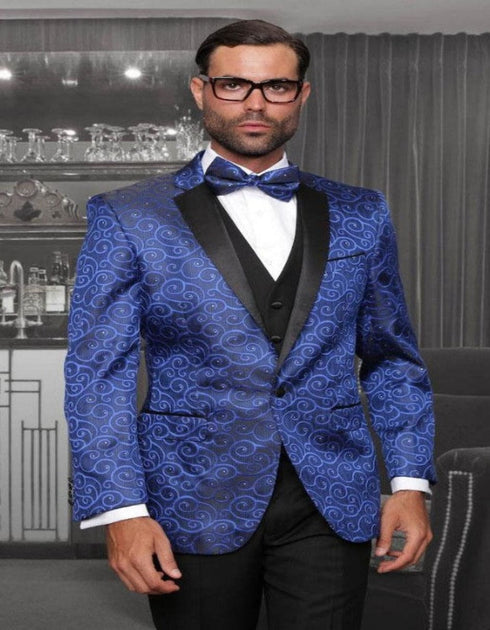 Big and Tall Size Tuxedo Dinner Jacket - Paisley Fabric Blazer in Color Royal Blue