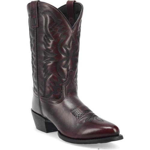 Men's Laredo Birchwood boots in black cherry leather with round toe and tall shaft. Embossed design, stacked heel, stitched details, and Western-style cutout accents.
