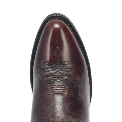 Laredo men's birchwood black cherry leather boots. Round toe with dark red leather upper. Intricate black stitching.
