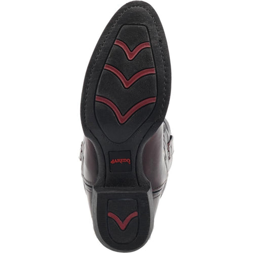 Laredo Birchwood boots in black cherry leather. Round toe design with a smooth finish. Features a stabilizing rubber outsole with red details and traction patterns. Red logo on sole.
