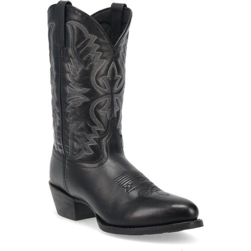 Laredo Birchwood black leather boots with round toe, tall shaft, and low heel. Intricate stitching featuring leaf and floral patterns adorns the sides.
