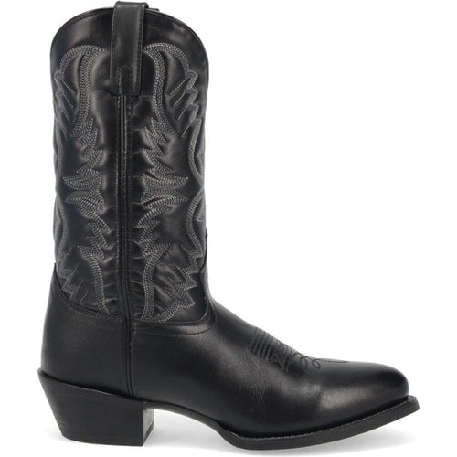 Men's Laredo Birchwood boots: black leather, round toe, tall shaft with stitching, slight heel. Smooth leather construction. Classic Western style.
