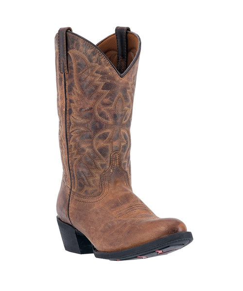 Laredo men's Birchwood boot: Dark brown leather, mid-calf height, pointed toe, stacked heel. Floral embossing and stitching details. Tan interior lining visible at the opening.
