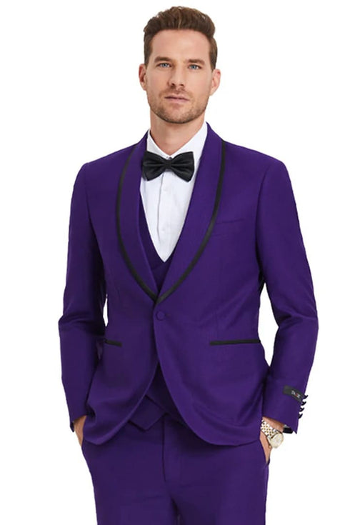 Purple Suit For Men - Church Suit - Men's One Button Vested Shawl Tuxedo in Purple Birdseye with Black Satin Trim