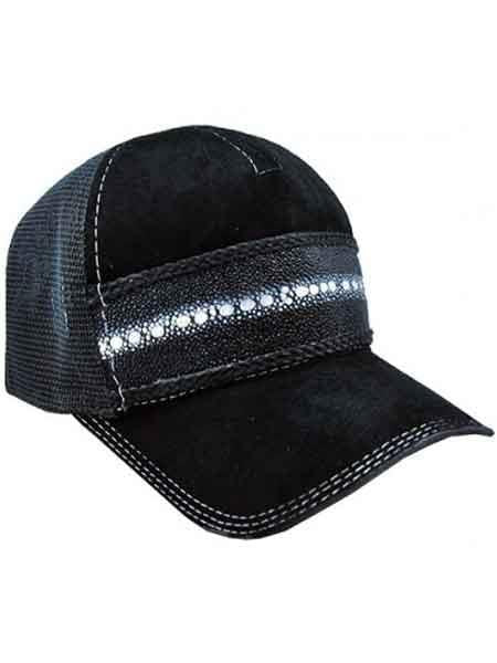 Black genuine suede cachucha with structured crown and curved visor. Textured black band with white stitching. Mesh side panels.
