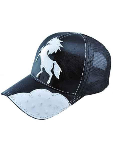 Black baseball cap with ostrich leather texture. White horse silhouette on front. Curved brim with white underside. Durable, structured design with visible stitching. Standard baseball cap shape.
