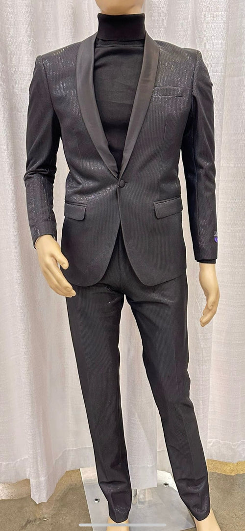 Mens Black Glitter Stripe Tuxedo with Satin Shawl Lapel â€“ Slim Fit Formal Party Suit