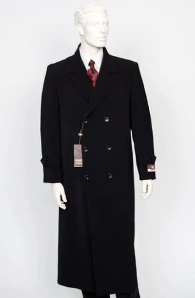 Mens Black Overcoat - Black Double Breasted Overcoat - Full length Black Topcoat in Australian Wool Fabric in 7 Colors