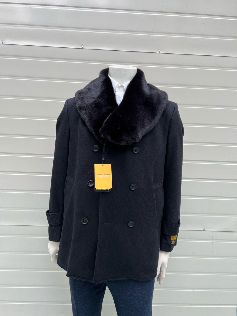 Mens Black Peacoat Wool Overcoat with Faux Fur Shawl Collar Double-Breasted Winter Peacoat
