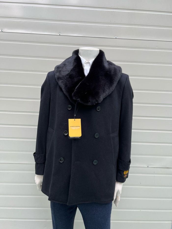 Mens Black Peacoat Wool Overcoat with Faux Fur Shawl Collar Double-Breasted Winter Peacoat