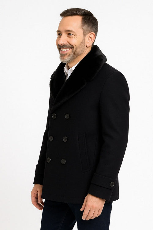 Mens Black Peacoat Wool Overcoat with Faux Fur Shawl Collar â€“ Double-Breasted Winter Peacoat
