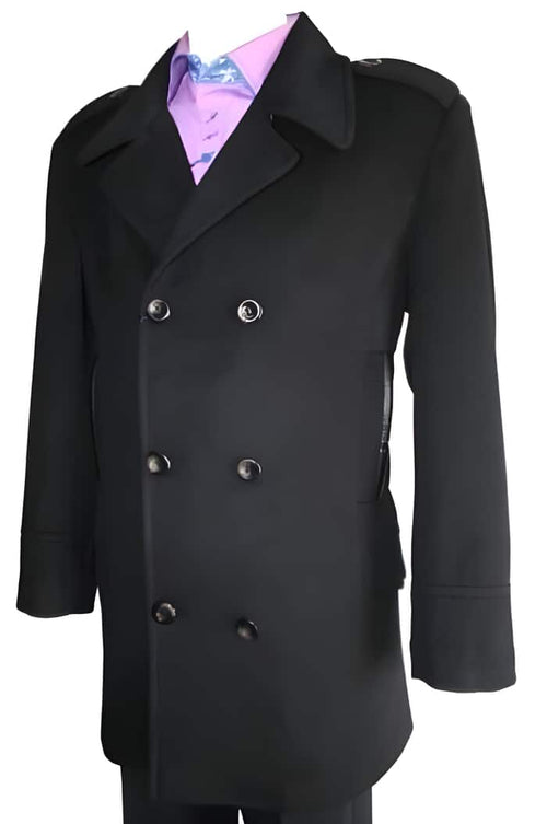 Mens Black Overcoat - Dark color black Blend Double Breasted 6 Button Designer men's Wool Peacoat Sale