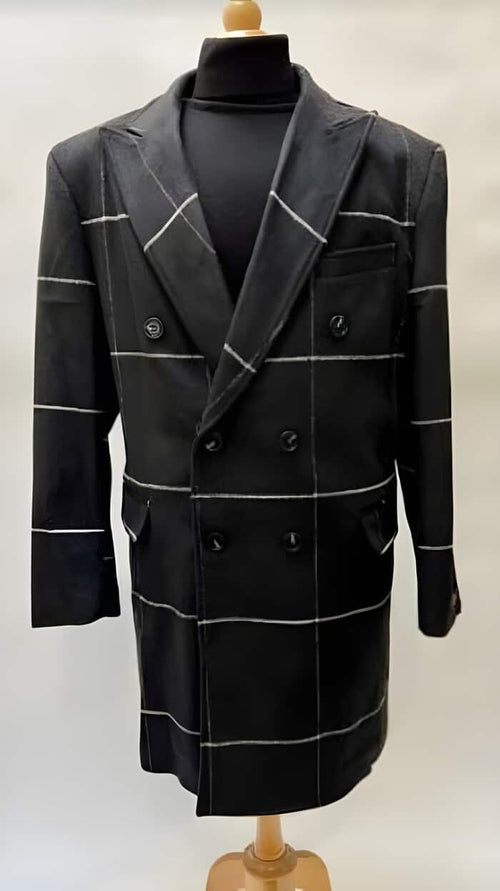Mens Black Overcoat - Black Plaid Overcoat - Wool Topcoat With WindowPane Pattern Double Breasted Style