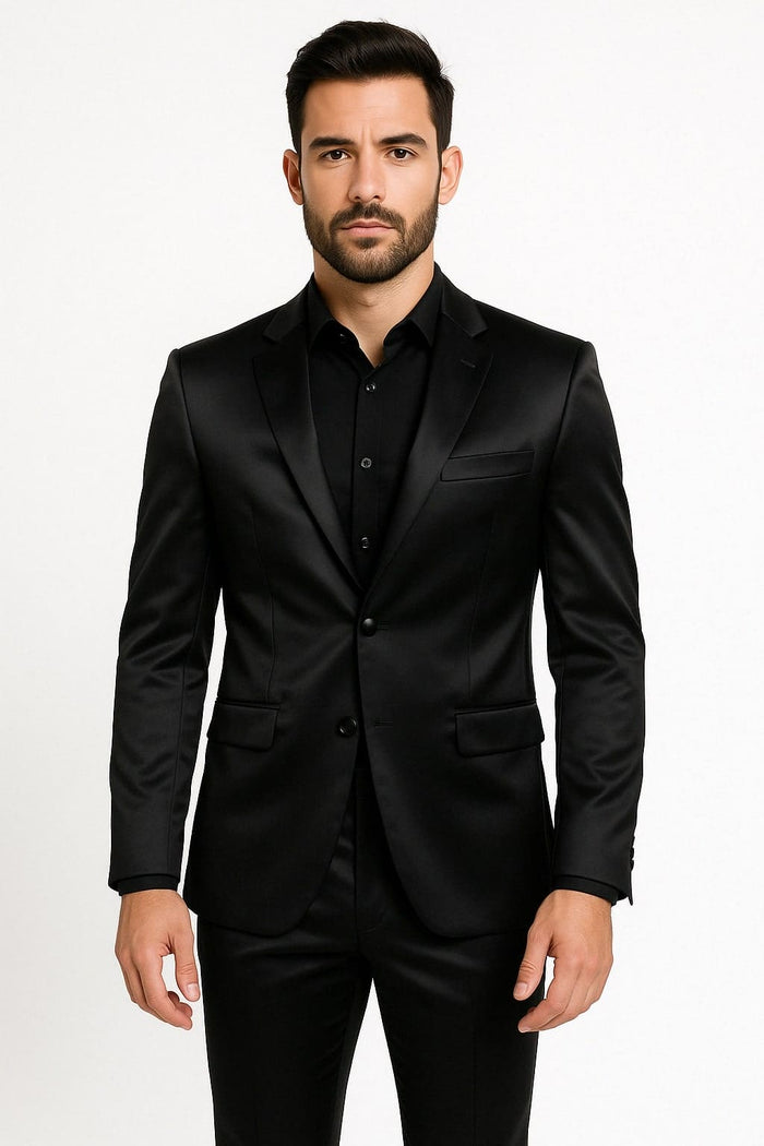 Black Satin Flex Two-Piece Suit Slim Fit Sport Coat and Matching Pants