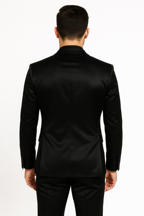 Black Satin Flex Two-Piece Suit Slim Fit Sport Coat and Matching Pants